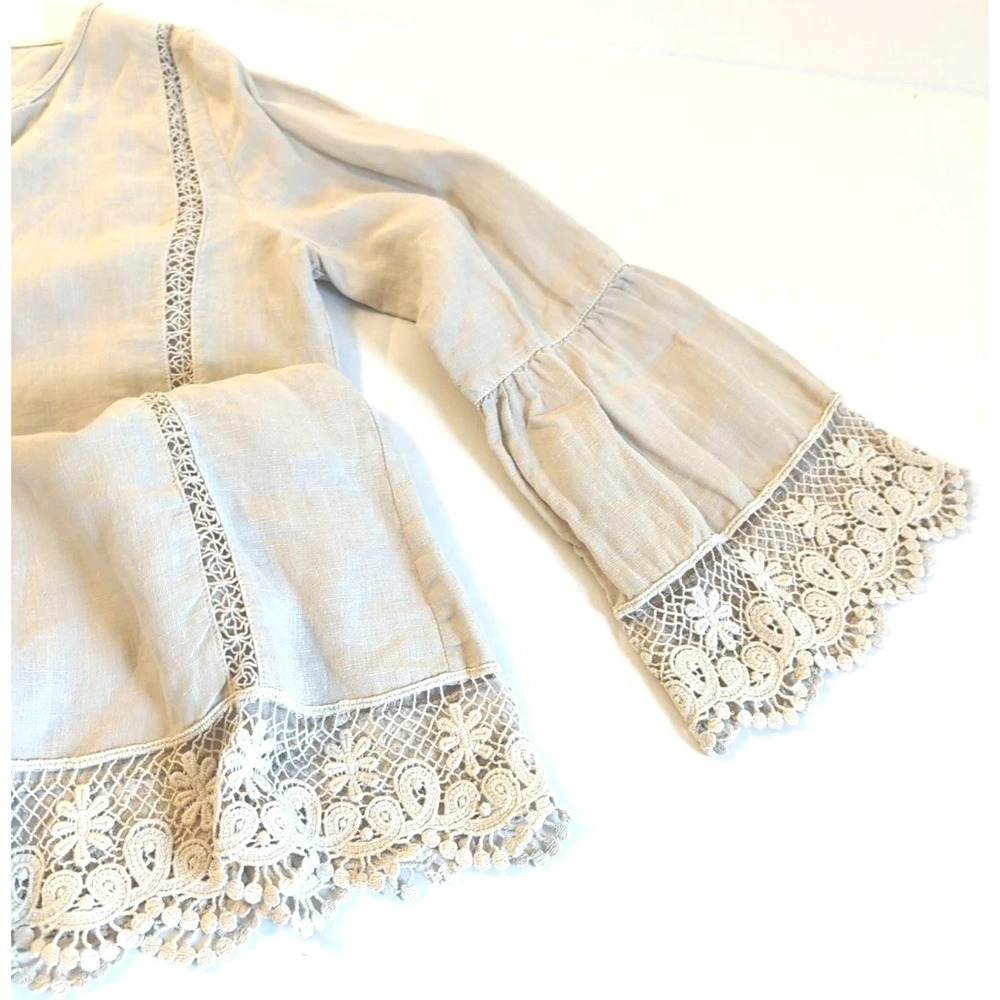 Linen Embroidered Tunic Shirt XS Natural Bell Sleeve Beach Pool Old Money Cool